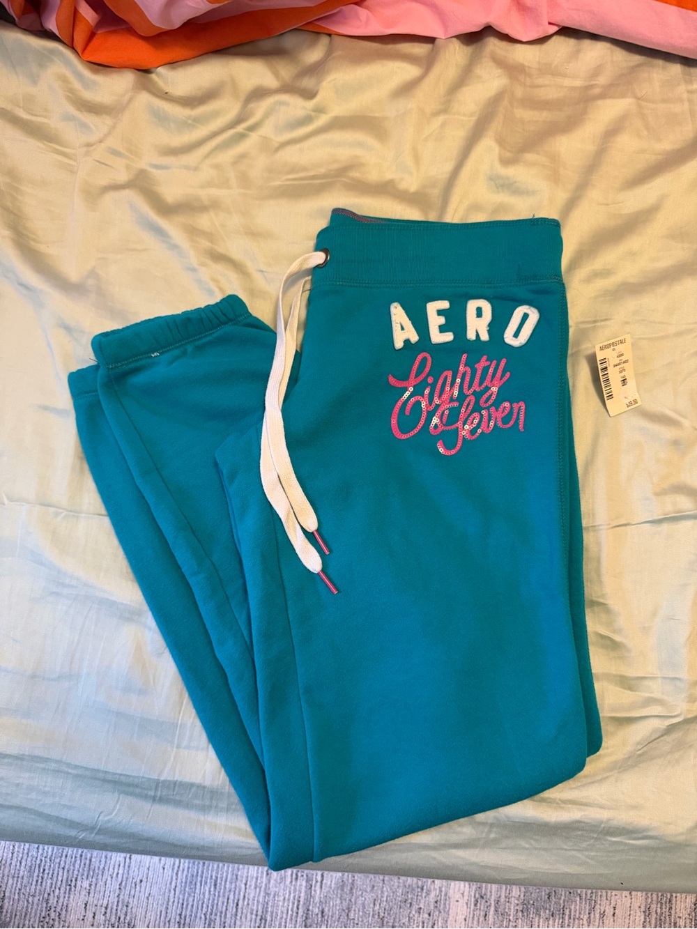 Aeropostale Teal Joggers with White Drawstring and Pink Script Logo